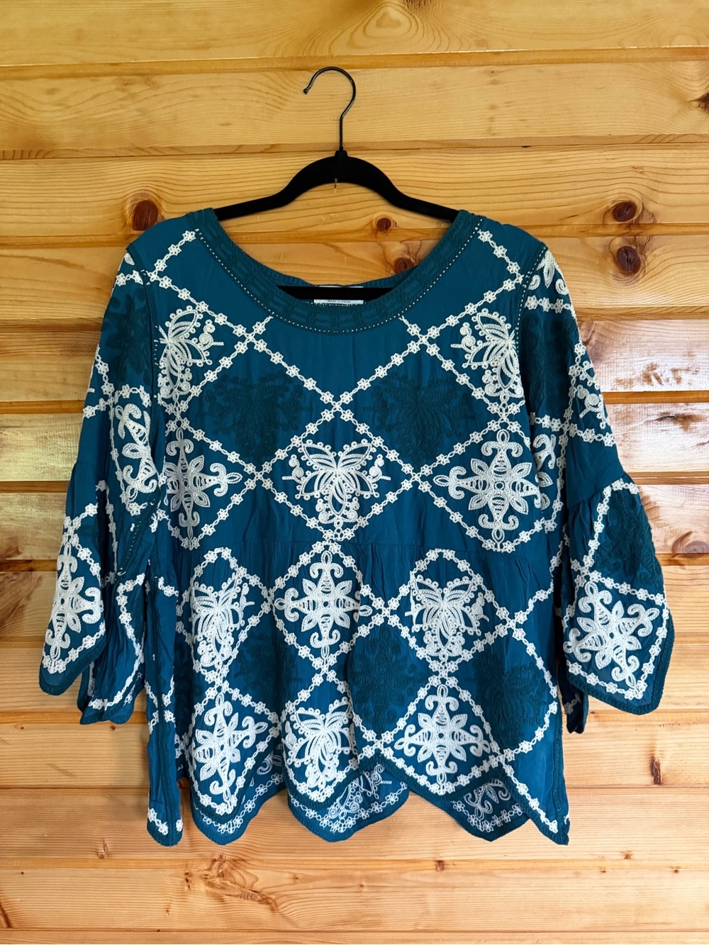 Anthropologie Kindred Embroidered Teal Women's Peasant Top